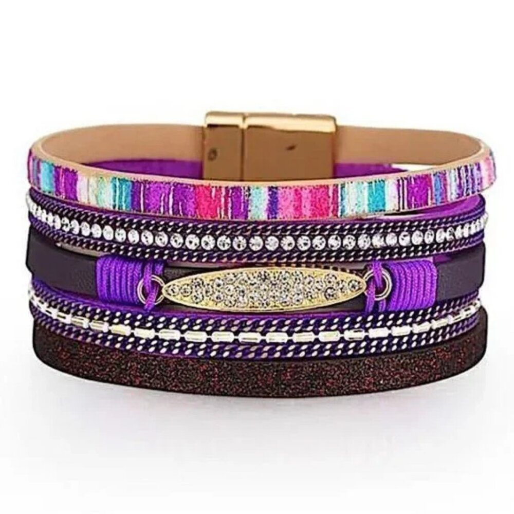 Boho Chic Multi-Layer Purple Bracelet Crystal Rhinestone Magnetic Clasp Wrap